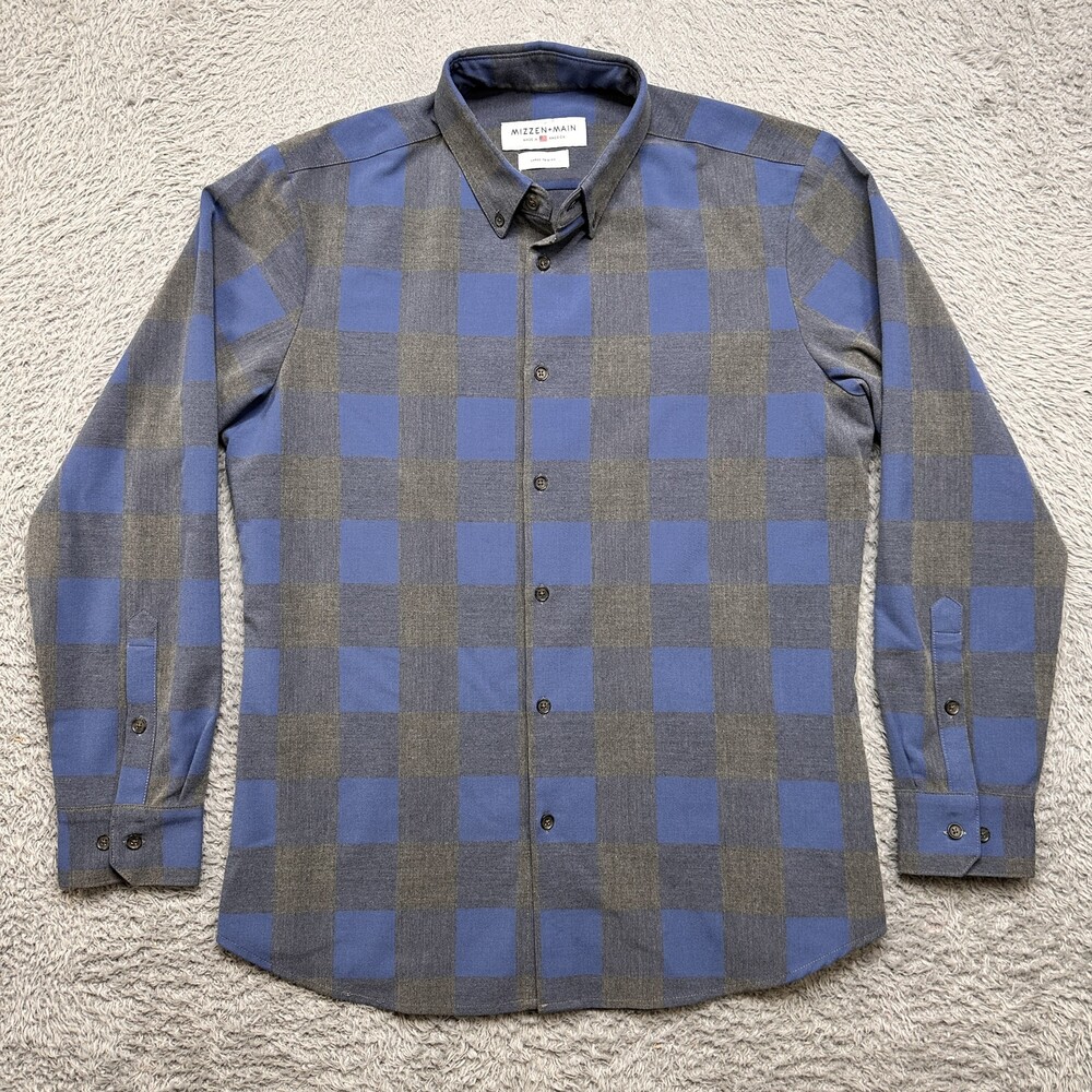 Mizzen Main Shirt Mens L Blue Plaid Buffalo Check Button Down Trim Rayon